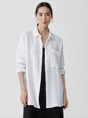 Eileen Fisher White Gauzy Cotton Collar Shirt NWT Large